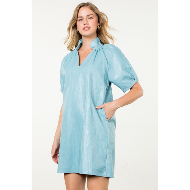 Th Light Blue Leather Midi Dress