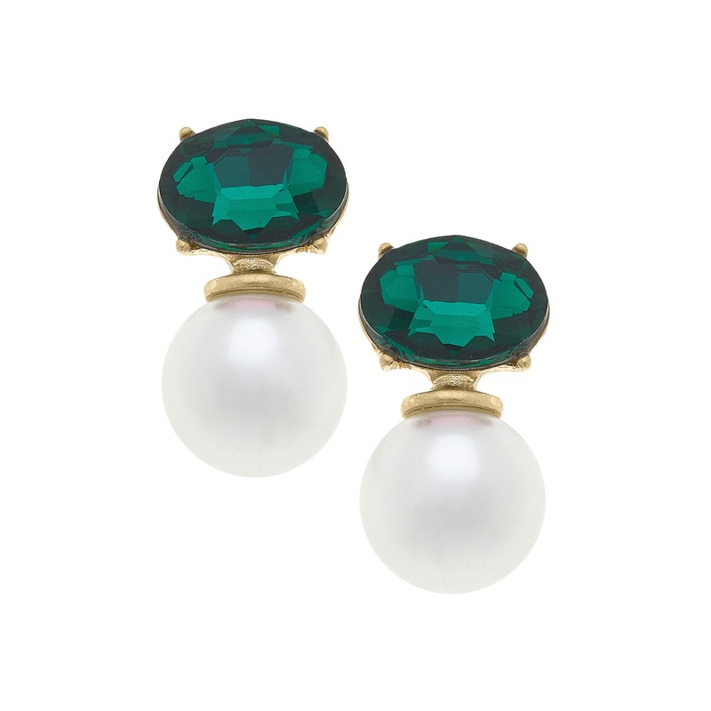 Brooke Rhinestone-Topped Pearl Earrings -Emerald