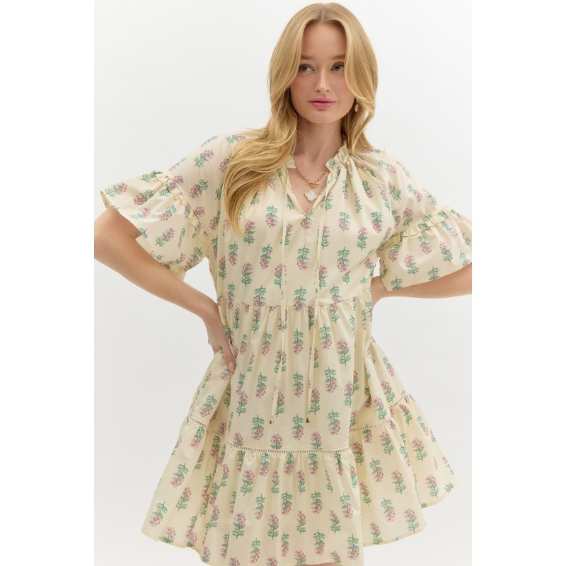 E Cream Floral Sleeve Ruffle Dress