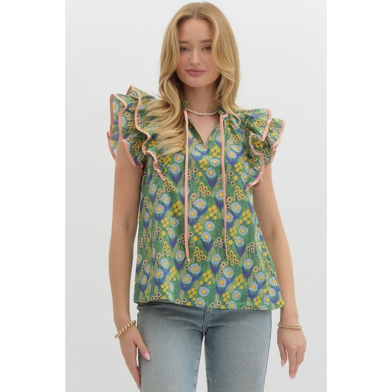 E Green Floral Double Ruffle Sleeve Top
