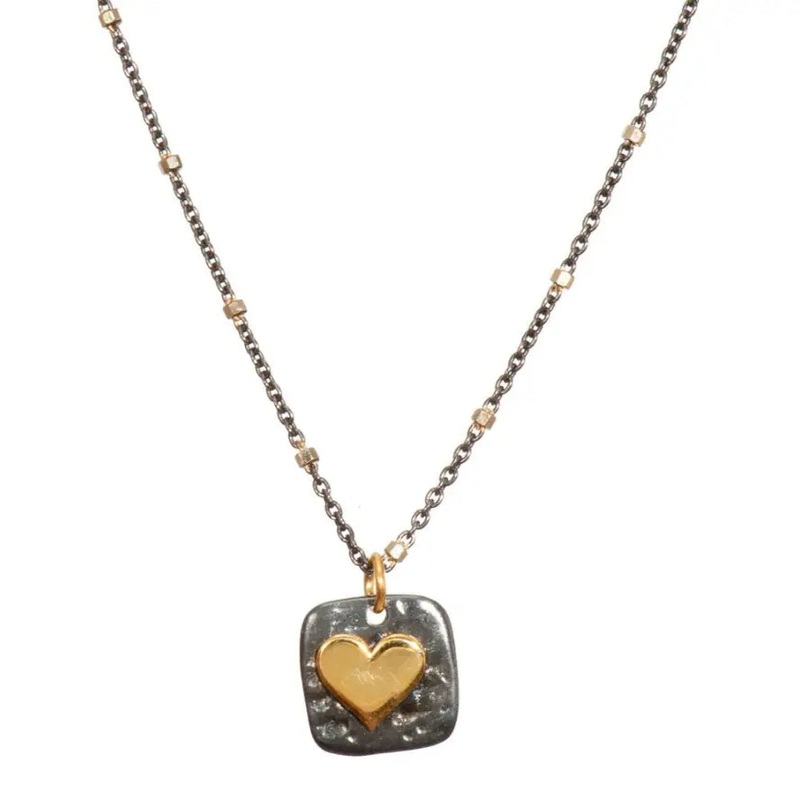 NY Dk Rhodium Mixed Metal Sq Heart Pendant Necklace