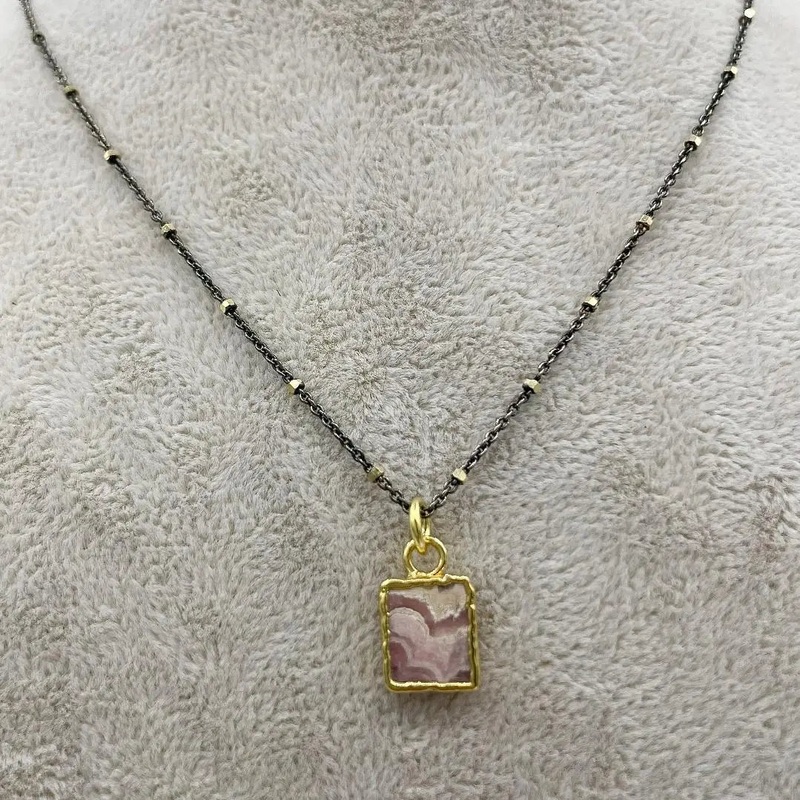 NY Rhodochrosite Square Two-Tone Pendant Necklace