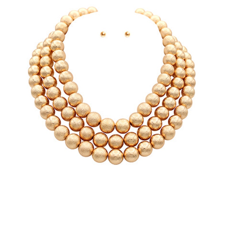 Textured Ball Necklace Set -3 Row Gold