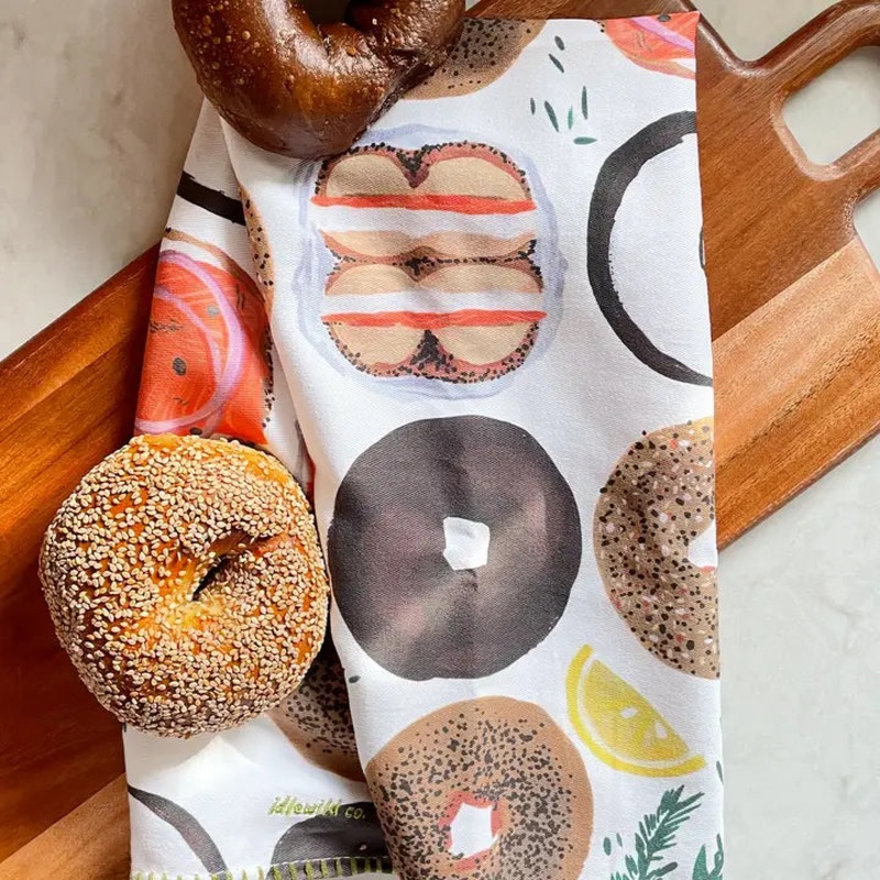 Embroidered Edge Tea Towel -Bagels