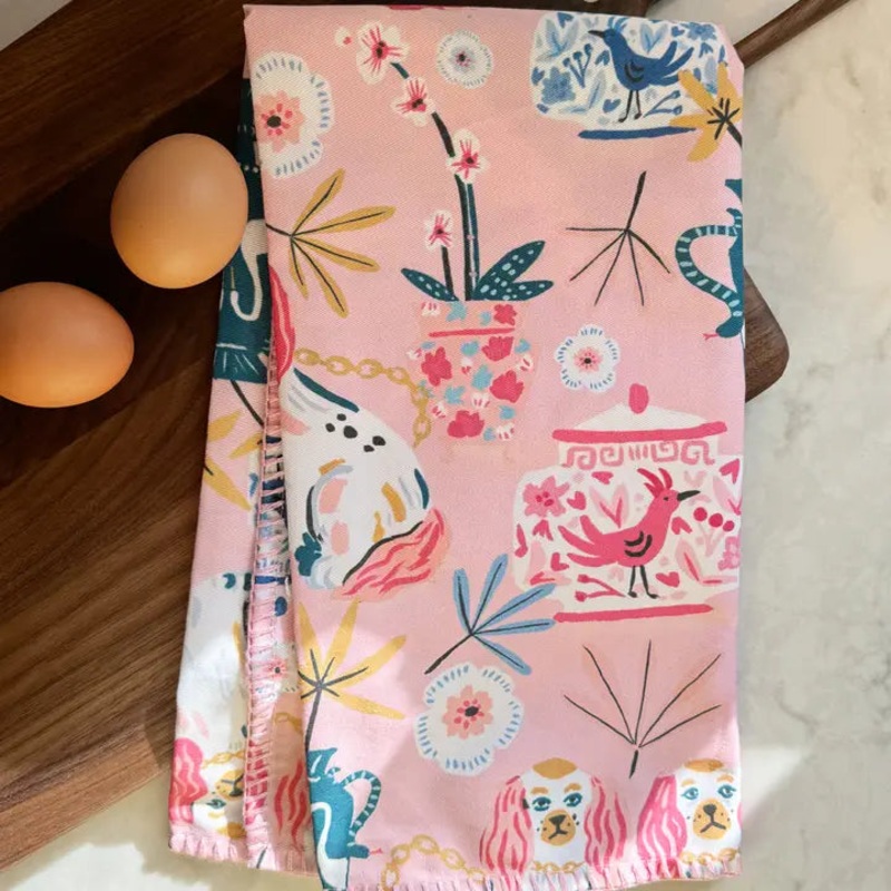 Embroidered Edge Tea Towel -Pink Staffordshire