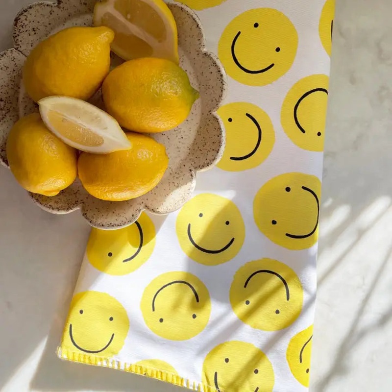 Embroidered Edge Tea Towel -Smiley
