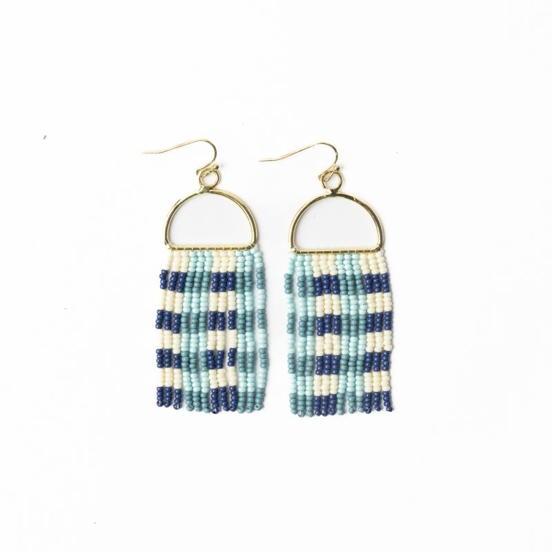 Allison Gingham Beaded Fringe Earrings -Blue