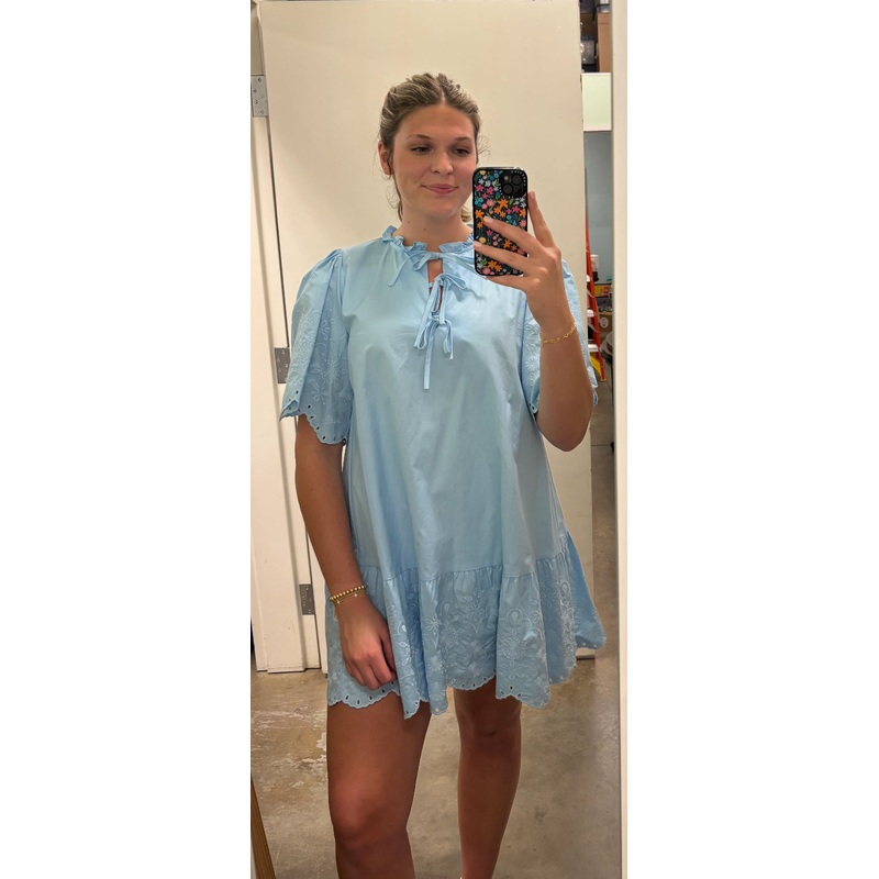 U Embroidered & Tied Dress -Lt. Blue