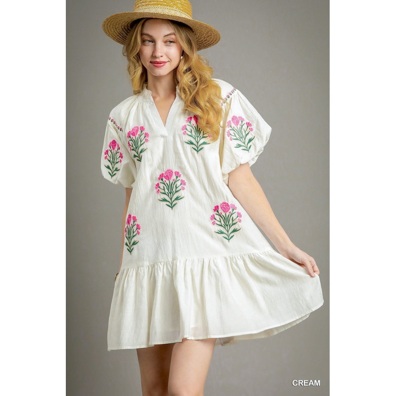 U Cream Boho Floral Embroidered Dress