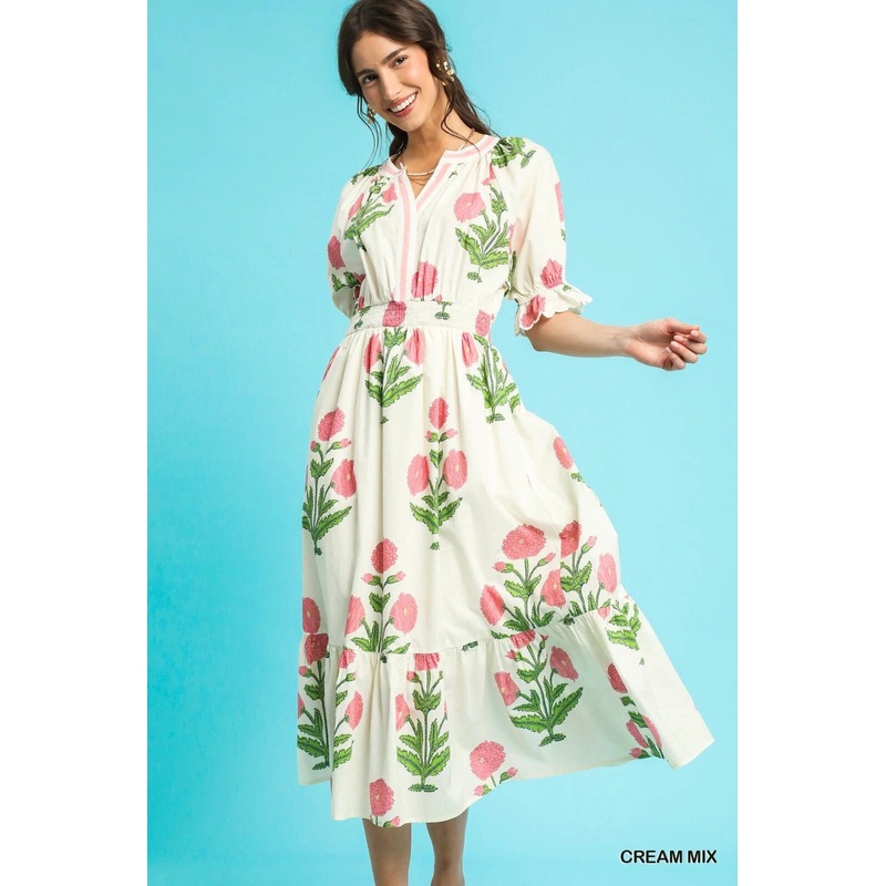 U Cream Floral Smocked Midi Dress