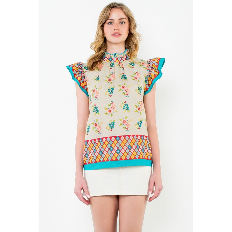 Th Flutter Sleeve Floral & Diamond Top