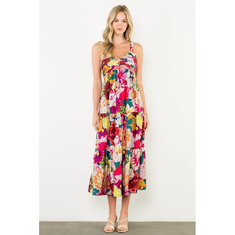 Th Ruched Strap Floral V-Neck Dress