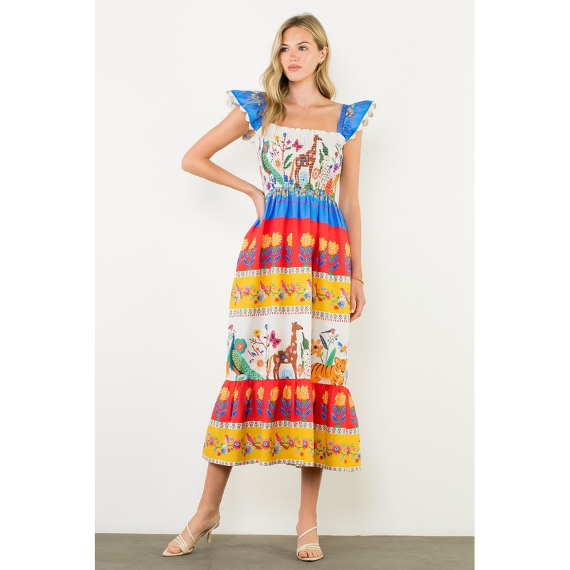 Th Smocked Animal Print Maxi Dress