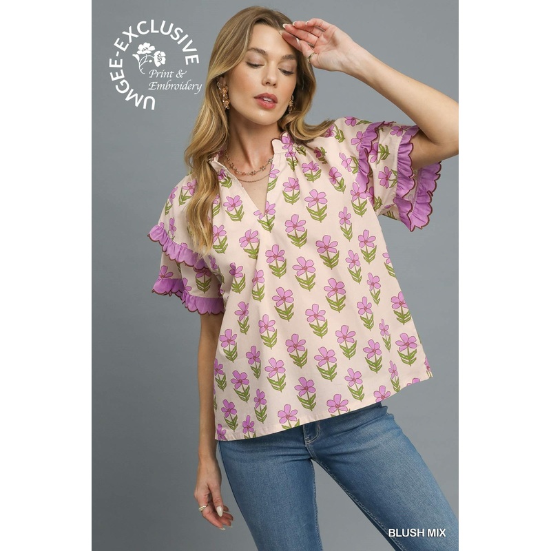U Blush Tiered Ruffle Sleeve Floral Top