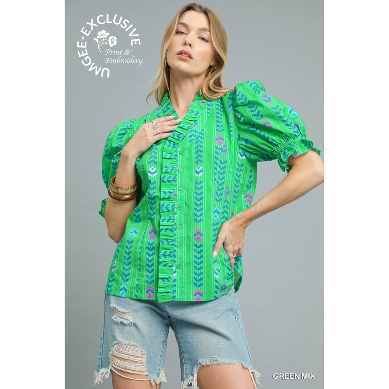 U Green Puff Sleeve Ruffle Trim Top