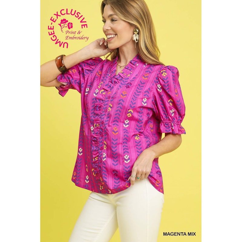 U Magenta Puff Sleeve Ruffle Trim Top