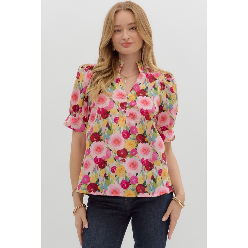 E Floral Puff Banded Sleeve Top