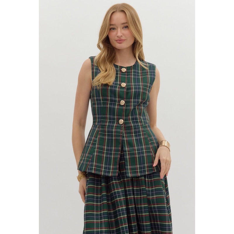E Green Plaid Fitted Vest|Small|Medium|Large