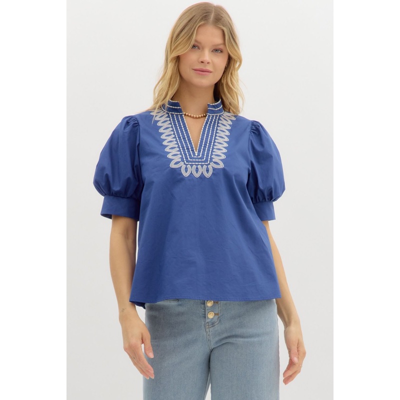 E Indigo Puff Banded Sleeve Embroidered Top