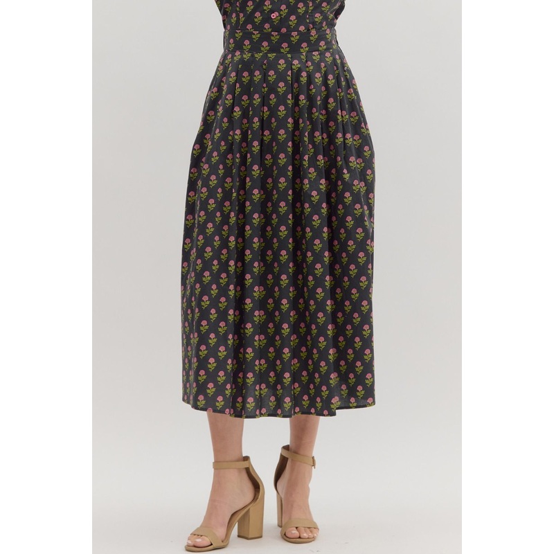 E Mini Floral Pleated Midi Skirt