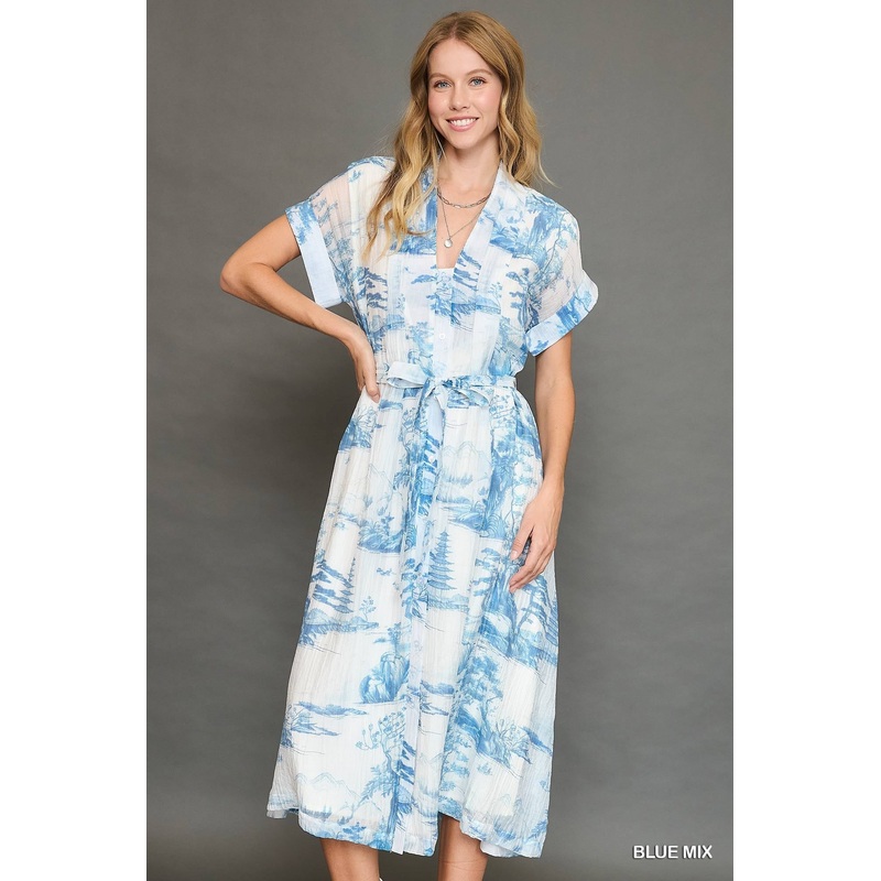 U Blue Toile Print Midi Dress|Small|Medium|Large