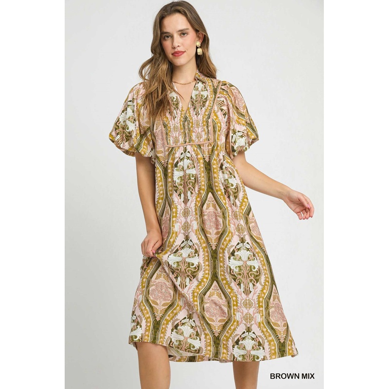 U Brown Abstract Print Midi Dress
