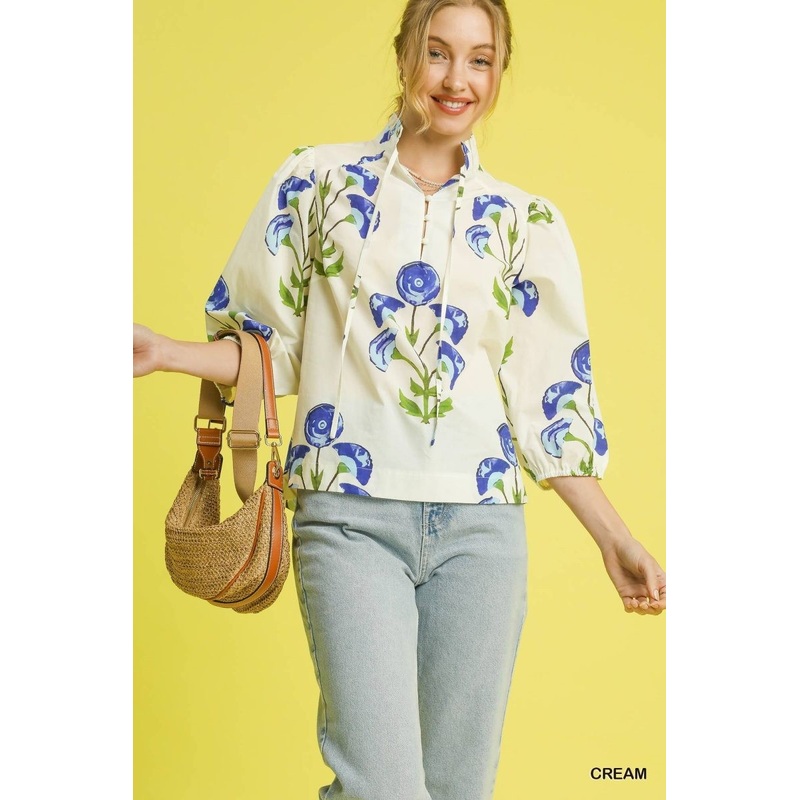 U Cream & Blue Floral Print Top
