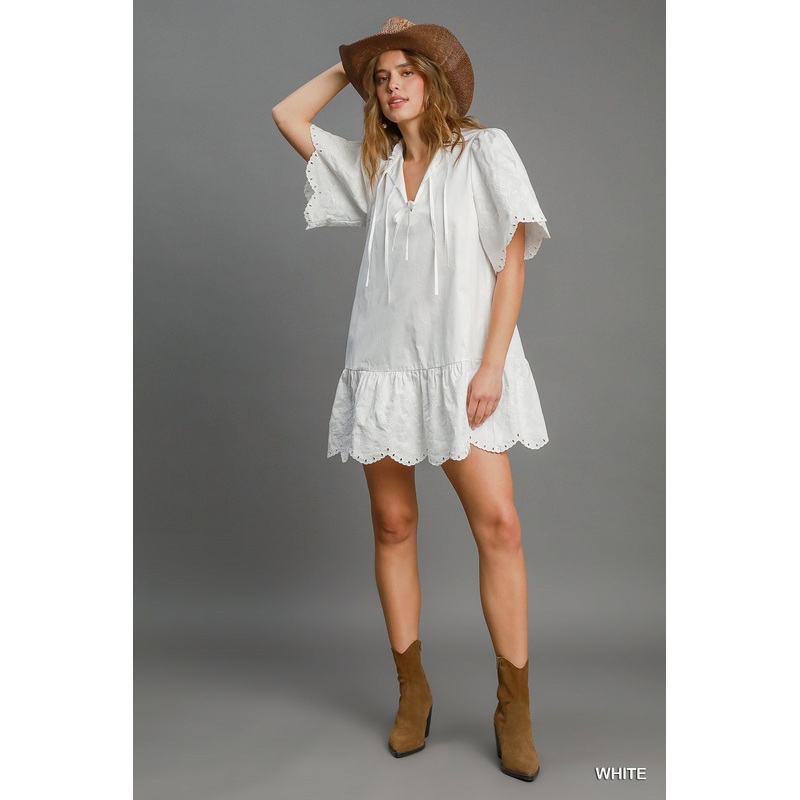 U Embroidered & Tied Dress -White