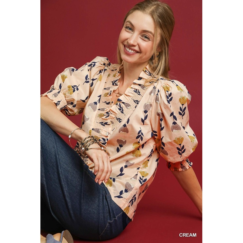 U Floral Ruffle Trim Smocked Detail Top