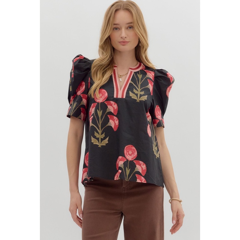 E Black & Pink Floral Print Top