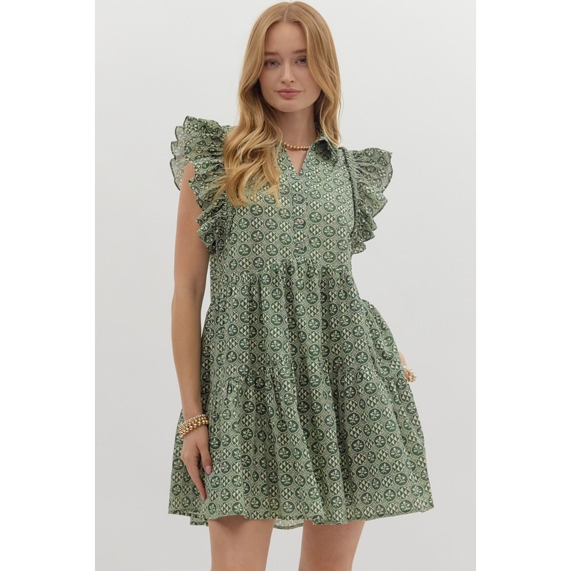 E Green Medallion Tiered Dress