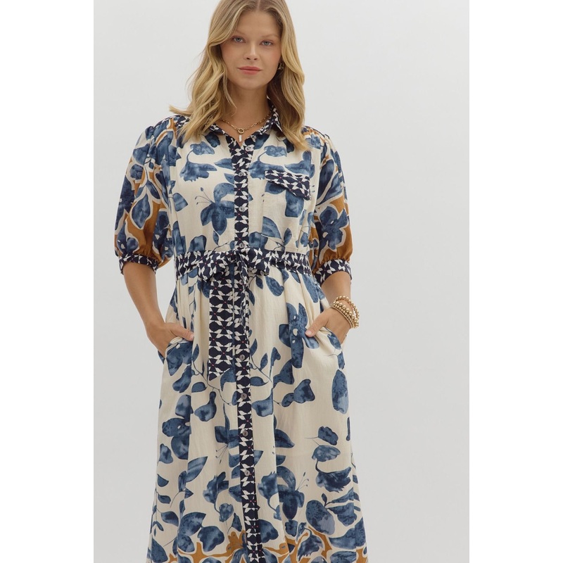 E Slate Blue Botanical Print Dress