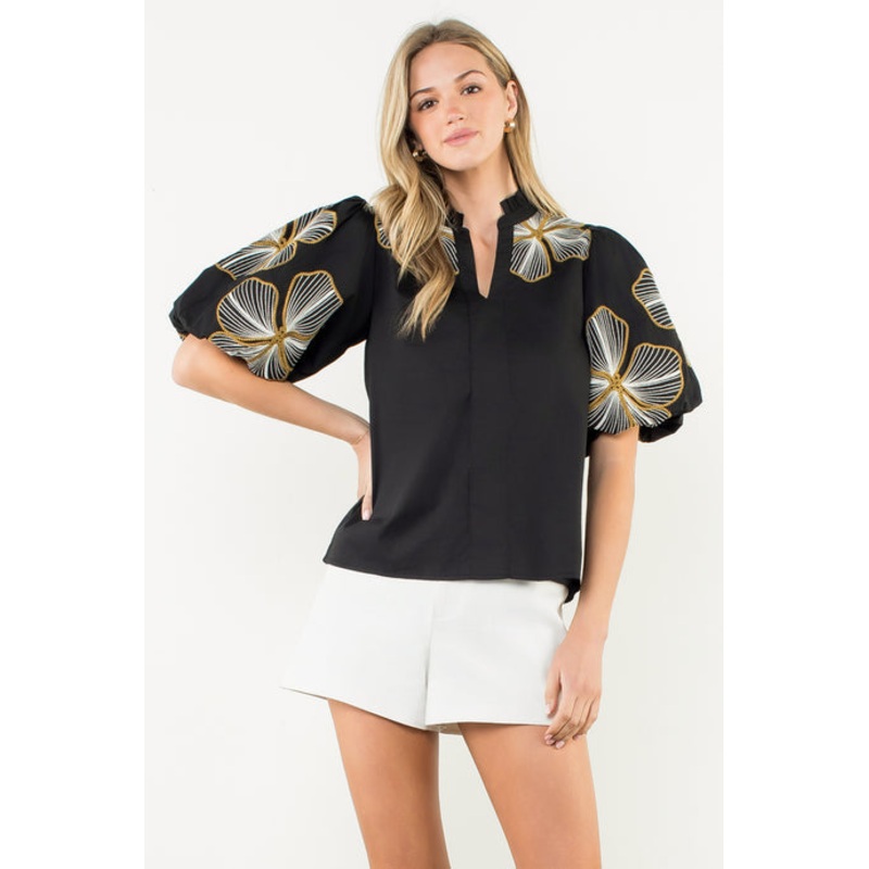 Th Black and Gold Embroidered Flower Puff Sleeve Top