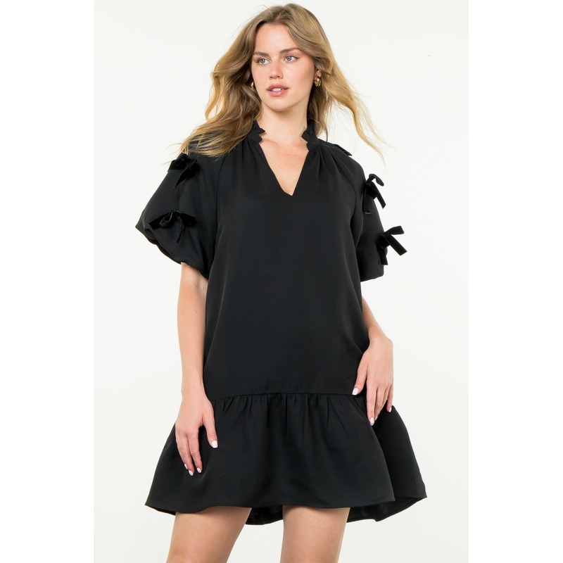 Th Black Bow Detail Puff Sleeve Dress