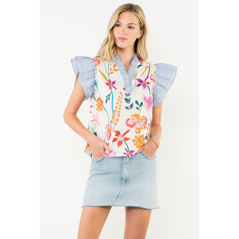 Th Floral Blue Stripe Flutter Sleeve Top