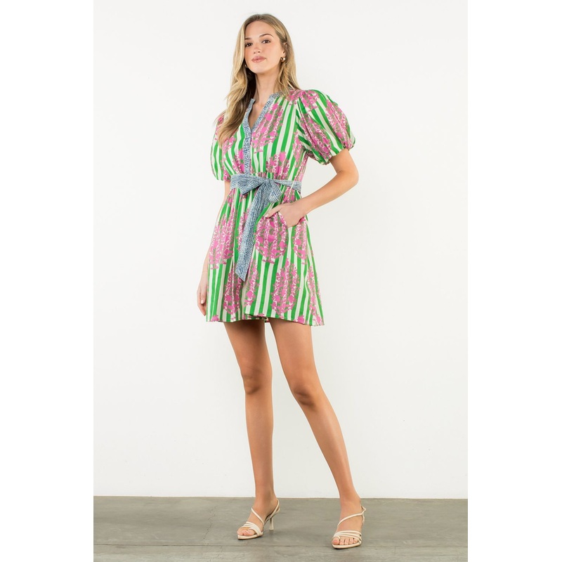 Th Green Stripe Pink Flower Dress