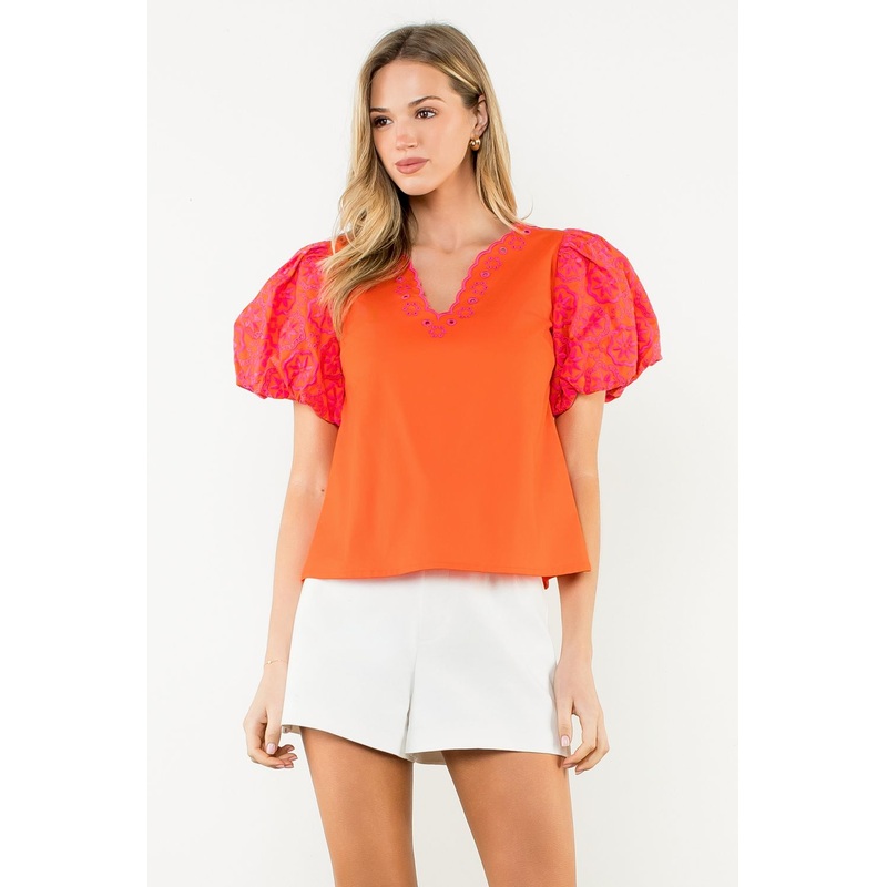 Th Orange & Pink Embroidered Eyelet Top