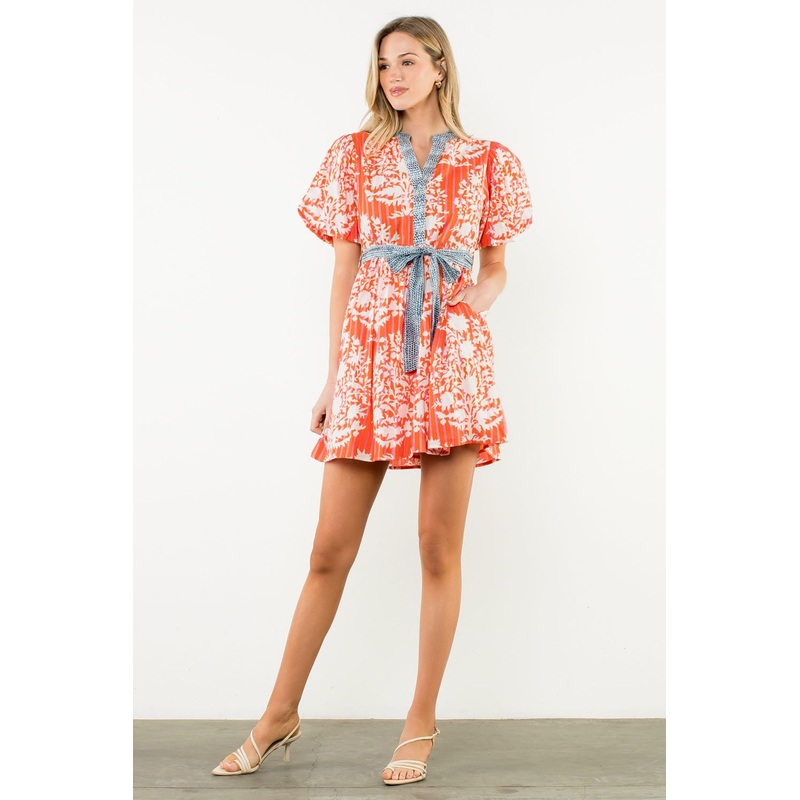 Th Orange & Pink Stripe White Flower Dress