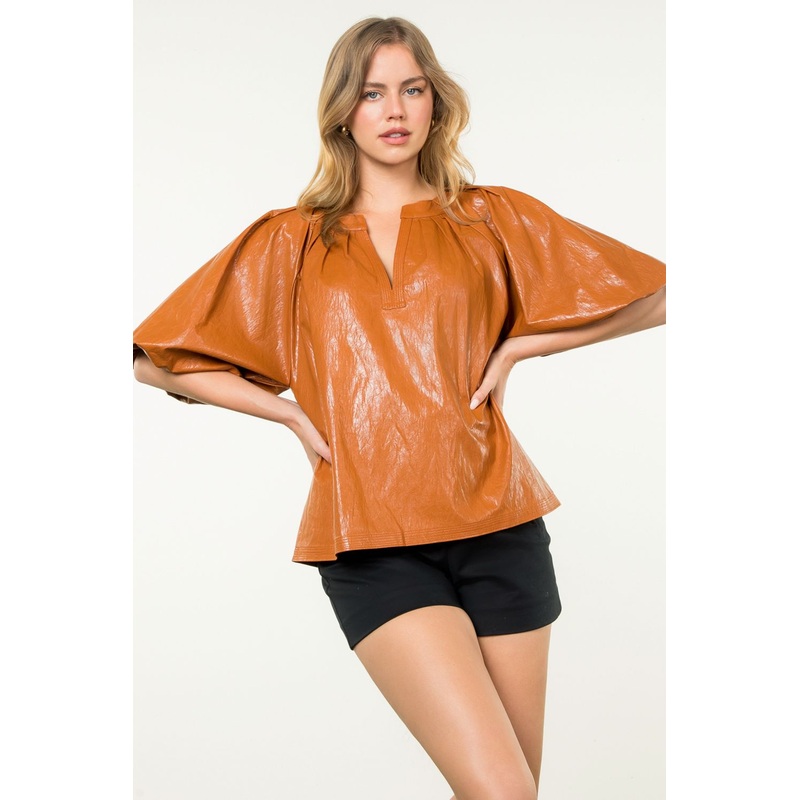 Th Puff Sleeve Copper Leather Top