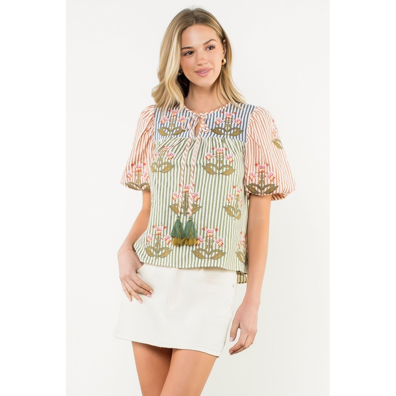 Th Striped Embroidered Flower Top