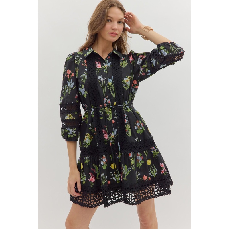 E Black Floral Crochet Trim Dress
