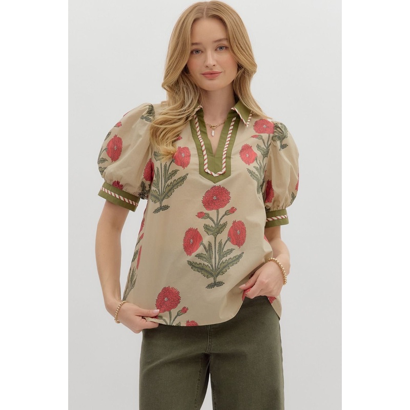 E Ecru & Olive Floral Print Top