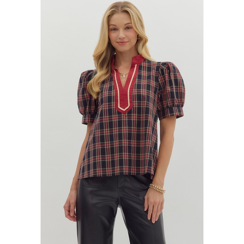 E Navy Plaid Cuff Band Sleeve Top