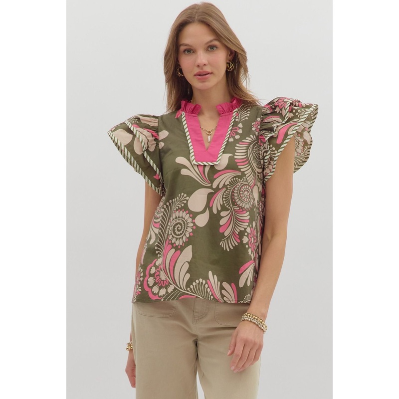 E Olive Paisley Ruffle Sleeve Top