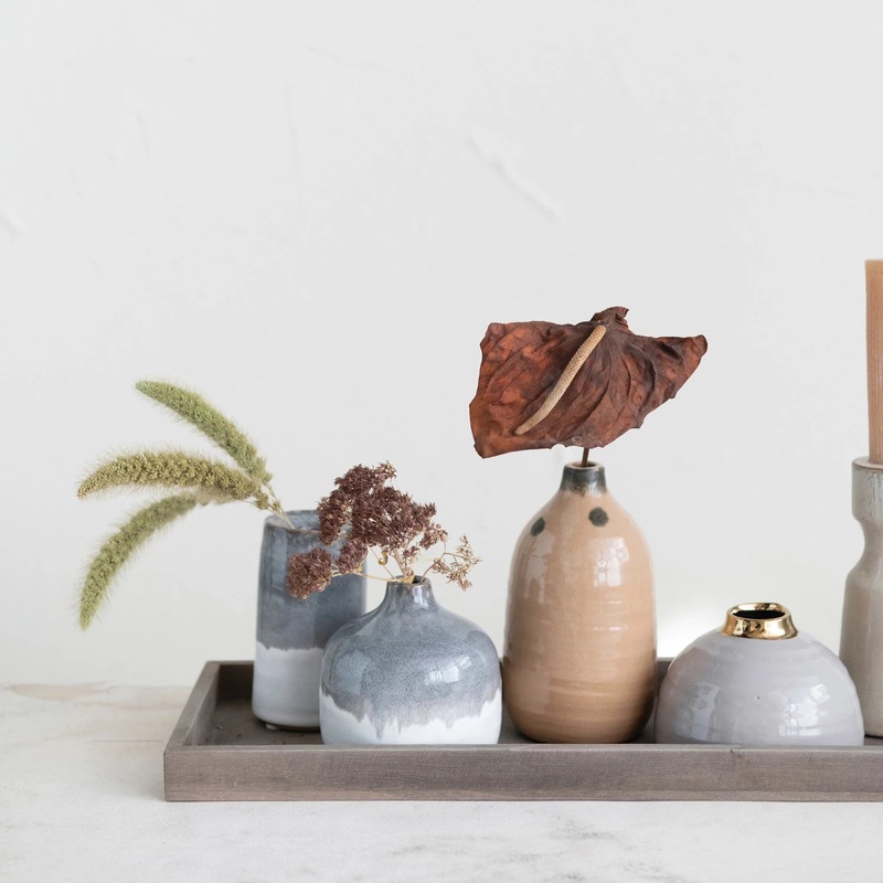 Mango Wood Tray w/ Taper Holder & Vases (6 pc Set)