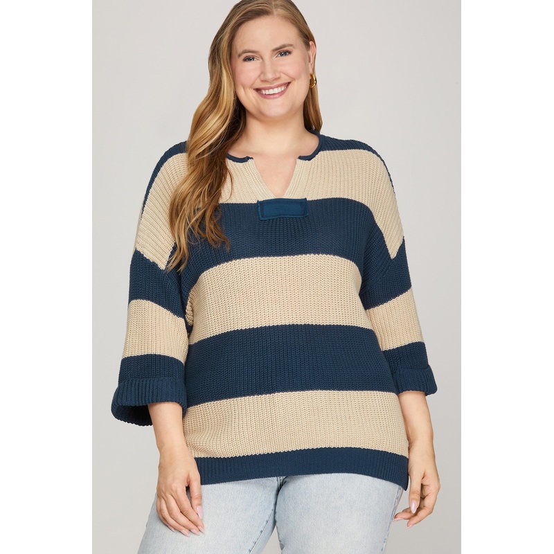 S+S Navy V-neck Striped Sweater