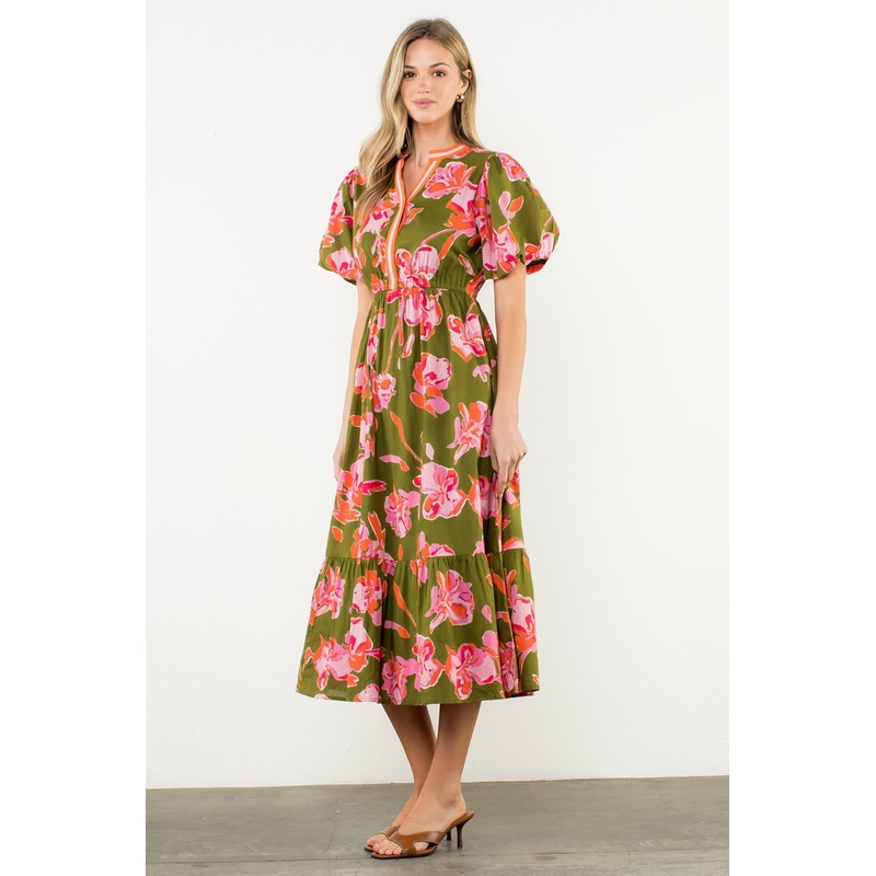 Th Olive and Pink Floral Maxi Dress