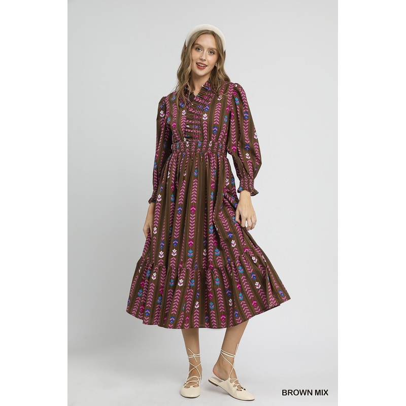 U Brown Striped Floral Ruffle Collar Dress