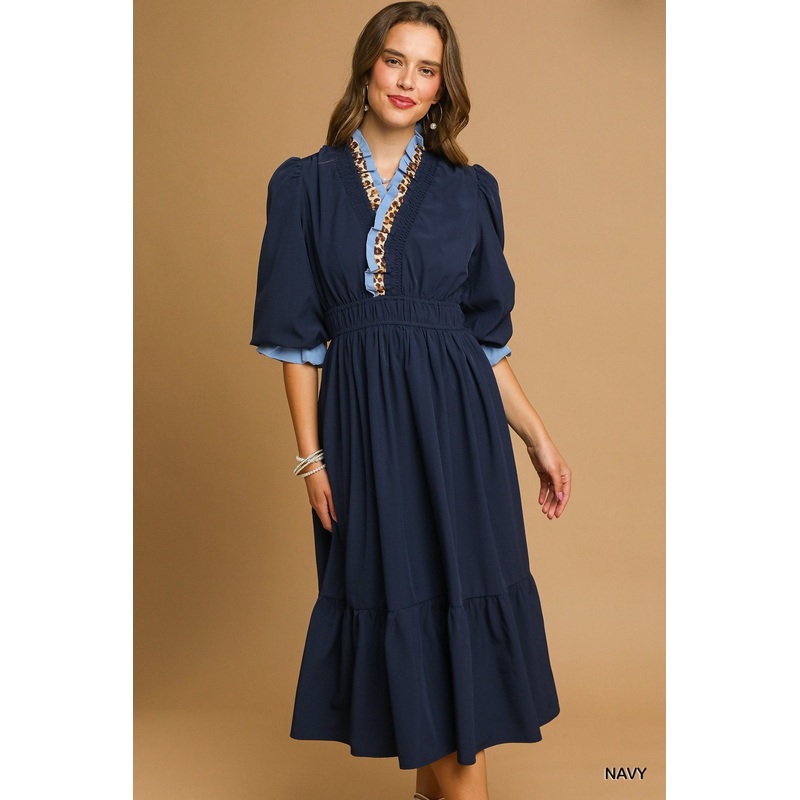 U Navy Leopard Accent Ruffle Dress