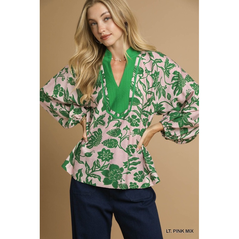 U Pink & Green Floral Print Top
